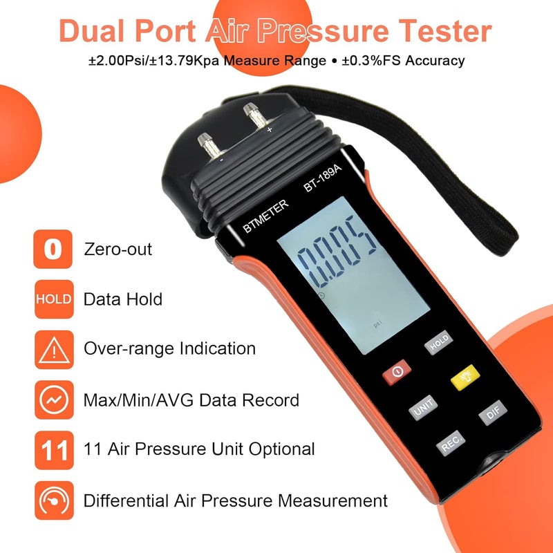 BTMETER Manometer HVAC Gas Pressure Tester 189A, Dual-Port Air Pressure Meter Gauge with Hose Kit Measure Static Pressure Differential Gas Pressure for Furnace Water Column - Image 2